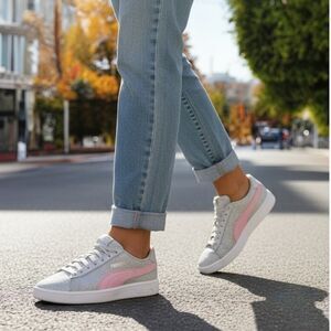 Puma Smash V2 Girls Silver Glitter & Pink Casual Sneakers - Size 5